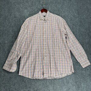 St Croix Shirt Mens Large Button Up Orange Purple Plaid Cotton Long Sleeve